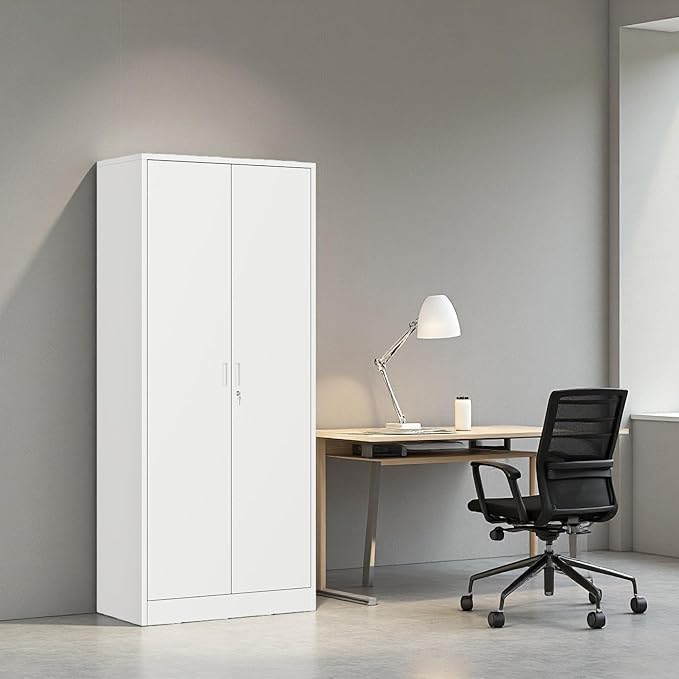 BESFUR Metal Storage Cabinet with 5 Adjustable Shelves and 2 Lockable Doors, 71" White Garage Metal Cabinet, Locking Cabinet for Office, School, Garage