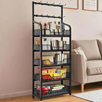 5 Tier Snack Rack Display Stand, Black Chip Rack Display Stand, Candy Display Rack with Hooks, Metal Retail Display Shelves for Store, Kitchen and Office