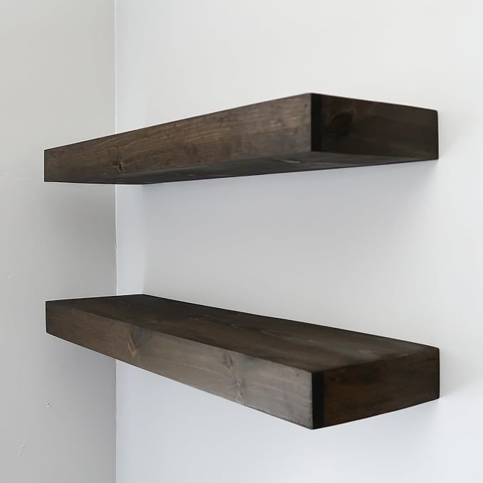 Urbandi Modern Floating Shelves 3 Inches Thick for Wall, Wide Shelves for Kitchen, Living Room, Bedroom, and Bathroom, Natural Pine Wood, Rustic Wooden Shelf, (Set of 2) (Jacobean, 60Lx3Hx8D)