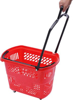 6PCS 35L Rolling Shopping Baskets with Wheels Portable Grocery Basket Set with Handles Plastic Shopping Cart for Supermarkets, Retail Stores, Bookstores (Red)