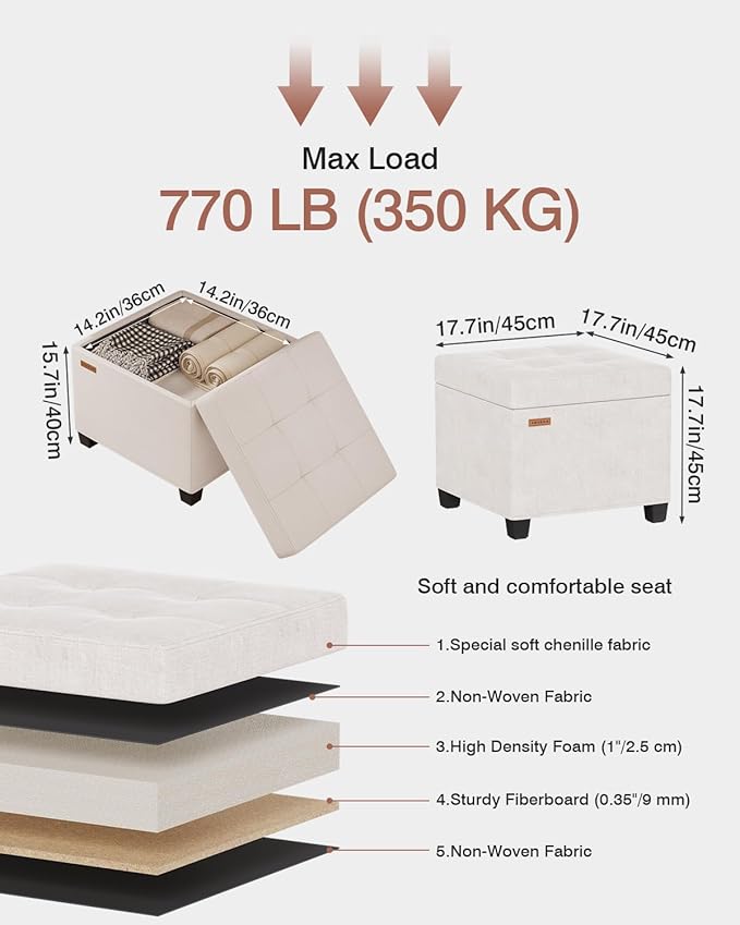 17.7 inches Chenille turfed Ottomans Cube with Storage, Metal-Framed Square Storage Ottoman Foot Rest Stool Holds 770 LB for Dorm Living Room Bedroom White UASND641W