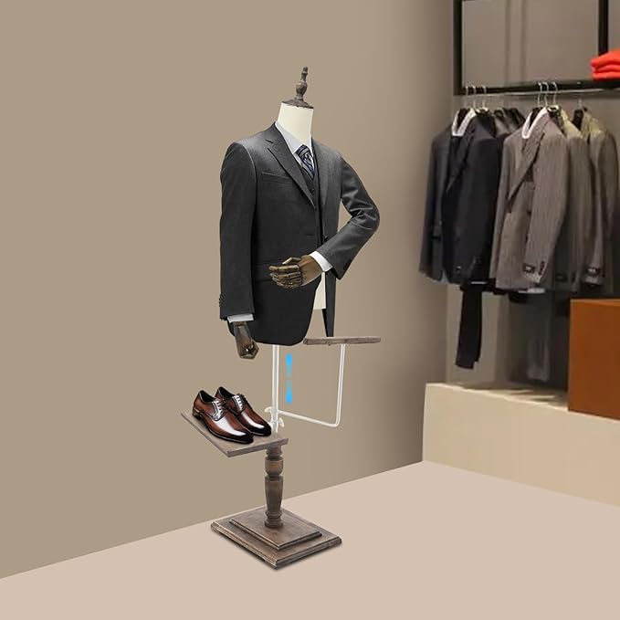 Male Clothing Display Racks, Height Adjustable Clothing Store Clothing Props with Stand and Solid Wood Arm, Male Mannequin Torso for Market Shop Window Display (Beige)