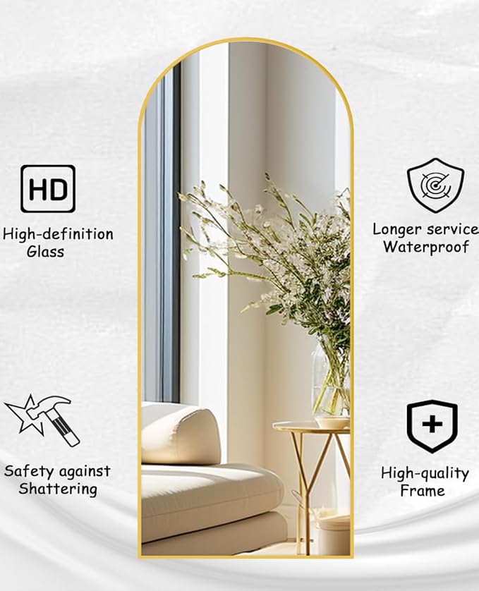 Floor Full Length Mirror, Arched Mirrors Full Length 76"x34" Freestanding Large/with Aluminum Frame & Wall Mounted & Hanging or Leaning & Full Body Mirror for Bedroom, (Gold)
