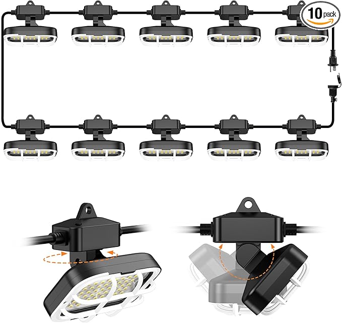 100ft LED Construction String Lights,Super Bright 15000lm 150w Adjuest 90&180 Degrees On Both Sides Waterproof IP66 Led String Work Lights, Construction Temporary Lights (100ft-Adjustable 10lights).