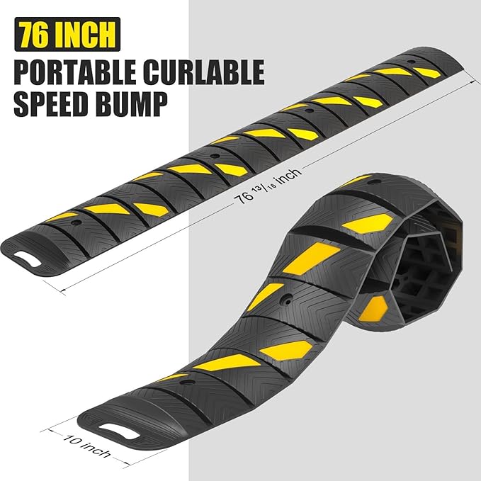 72" x 10" x 2" inch Portable Speed Bump Hump, 6' Feet Durable Collapsible Road Safety Bumps, Vehicles Hump Bumps for Asphalt Concrete Gravel Garage Driveway Roads Parking (72" Curlable Bump)