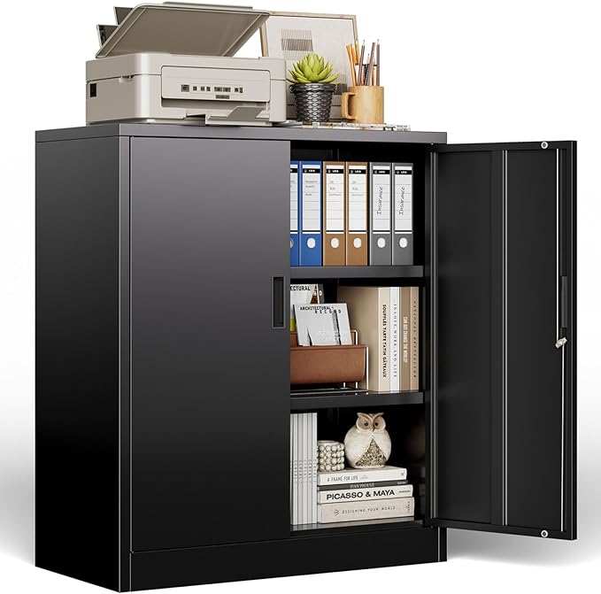 BESFUR Metal Storage Cabinet 36" H, Garage Storage Cabinet with 2 Lockable Doors and 2 Adjustable Shelves, Garage Cabinet for Home Office, Garage,School, Warehouse, Utility Room,White