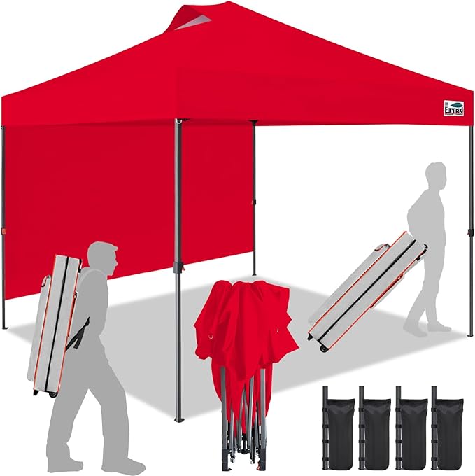 Eurmax USA NOMATTER ONE-Person Open&Close 10x10ft Pop Up Canopy Tent,Portable Shelter Canopy for Outdoor Events with 1 Removable Sidewall,Instant Canopies,Temporary Sunshade,Bonus 4 Sand Bags(Red)