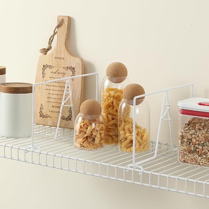 Wire Shelf Dividers - White Closet Organization & Storage Organizer - No Tool Shelf Divider for Wire Shelves - Metal Shelf Accessories – for 12“ Deep Wire Shelves – Tall 7” Height – 4 Pack