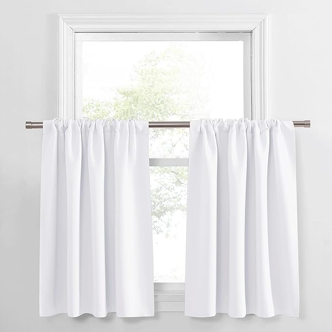 PONY DANCE Short Curtains for Bathroom - Solid Light Block Drapes for Bedroom, RV Curtains for Camper Windows,Cafe Window Decor, W 34 x L 24, Pure White, 1 Pair
