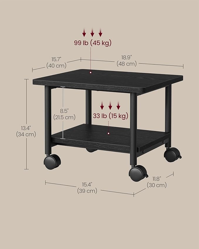 VASAGLE Heavy-Duty Printer Stand with Locking Wheels, 2-Tier Industrial Mobile Cart with Storage Shelf, Under Desk Printer Table for Home, Office, 13.4" Height, Ebony Black UOPS02B