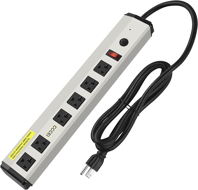 CCCEI Heavy Duty Power Strip Surge Protector 20 Amp, High Amp Industrial Shop Garage Metal Multiple Outlets, 15 FT 12 Gauge 5-15P Extension Cord 6 Outlet 6-20R T-Slot 20a for Appliance.