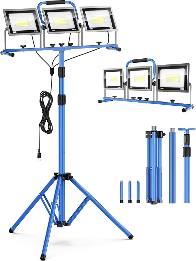 PAULINN 21000 Lumen Work Lights with Stand, 3 Adjustable Head LED Work Light with Foldable Stand and 16FT Cord, IP66 Waterproof Led Construction Light