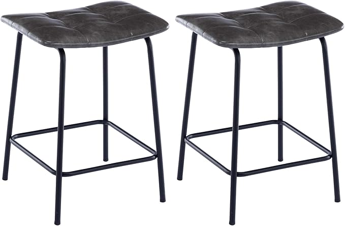 DUHOME 24” Square Tufted Counter Bar Stools Set of 2, Breathable Faux Leather Upholstered Barstool with Footrest, Backless Stool for Kitchen Counter Island Bar, Grey