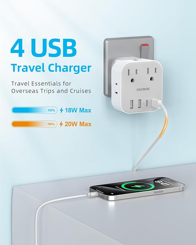 European Travel Plug Adapter Set, 8-in-1 Travel Adapter with 4 AC, 4 USB Ports (2 USB C), US to UK/EU Universal Travel Adapter, International Power Adapter with Type C/G/D/L/A/I Detachable Plugs