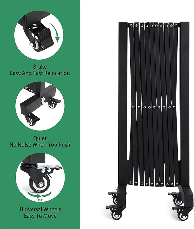 11.5FT Expandable Barricade Gate, Expandable Metal Barricade Gate Alloy Fence with Wheels, Retractable Crowd Control, for Industrial or Residential Use (Black, 11.5FT)