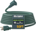 50 Ft Indoor Outdoor Green Extension Cord, 16/3 SJTW Heavy Duty Water-Resistant, 3 Prong Grounded Plug Power Cord for Home Appliance, Lights and Lawn, 13A 1625W, UL Listed