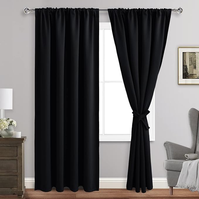 JIUZHEN Blackout Curtains for Bedroom - Thermal Insulated,Noise Reducing Room Darkening Privacy Rod Pocket Drapes for Living Room, Set of 2 Panels with Tiebacks, 52 x 84 inches Long, Black