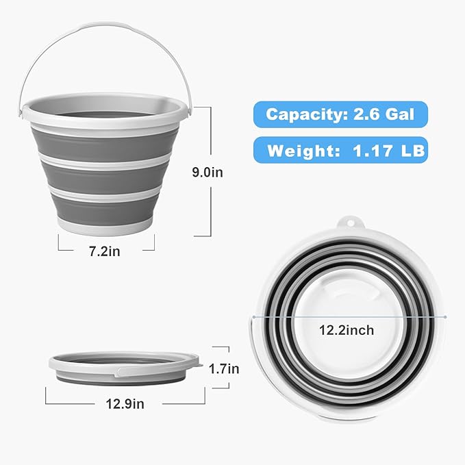Collapsible Bucket with Handle, 2.6 Gallon Foldable Water Bucket for Car Wash, Cleaning, Camping and Outdoor, Gray and White