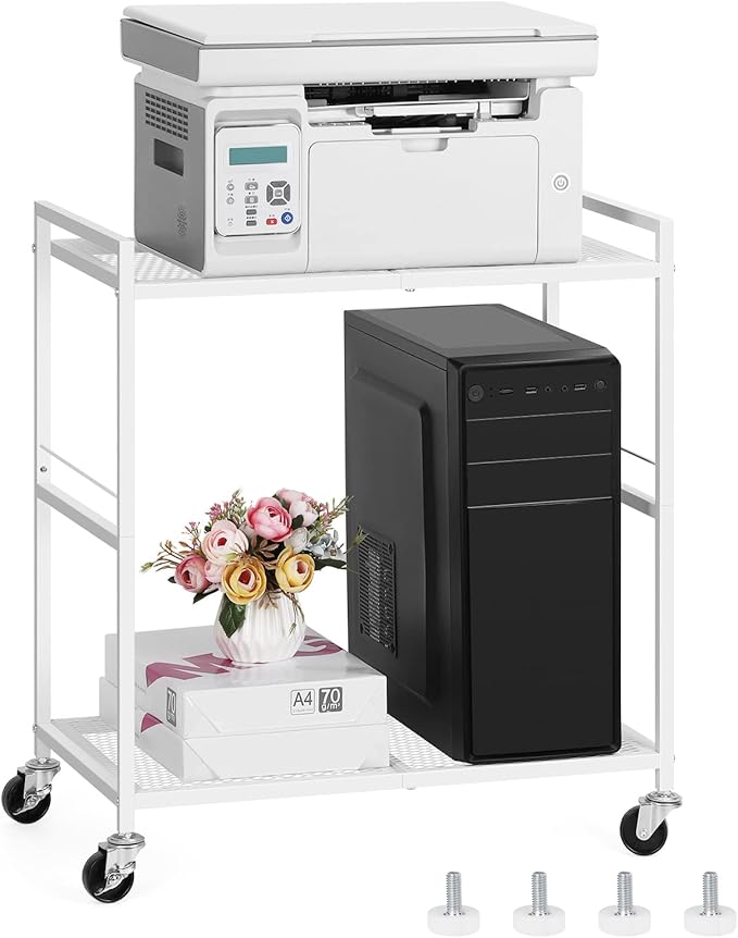 OYEAL Computer Tower Stand, PC Tower Stand Metal Rolling Cart Holds up to 40lbs, 2 Tier Mobile Printer Stand with Storage Under Desk for Home & Office, White