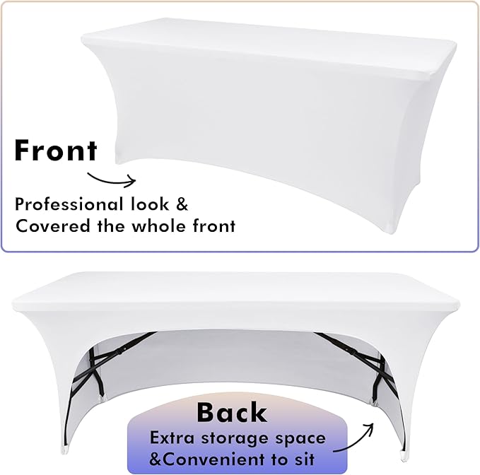 Nasitos 2 Pack Fitted White Tablecloth Rectangle for 4 ft Table-Open Back Folding Stretch Spandex Table Covers Fabric Washable and Wrinkle Resistant for Parties, Wedding, Craft Fair, Trade Show