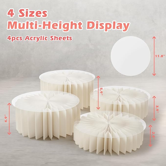 4Pcs Buffet Risers, Foldable Food Risers for Buffet Table, 12" Reusable Cardboard Display Risers Cylinder Stands with Acrylic Plates for Party, Wedding, Catering & Birthday Decor