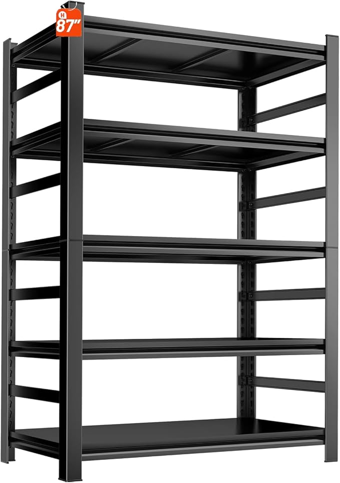 Garage Shelving Units, Heavy Duty 5-Tier Storage Shelves, Metal Adjustable Storage Rack, Steel Shelves, 2750 lbs Capacity, Industrial Shelving for Heavy Tools (Black, 24"Dx47"Wx72"H, 5-tier)