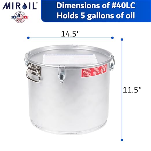 MirOil 5 Gallon Oil Grease Bucket & Filter Pot – Silver Fryer Container with Lid Lock & Lock Clip - Low Profile Hot Grease Collection Pot for Disposal Under Drain Valves – Model #40L