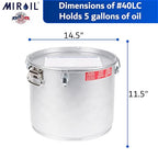 MirOil 5 Gallon Oil Grease Bucket & Filter Pot – Silver Fryer Container with Lid Lock & Lock Clip - Low Profile Hot Grease Collection Pot for Disposal Under Drain Valves – Model #40L