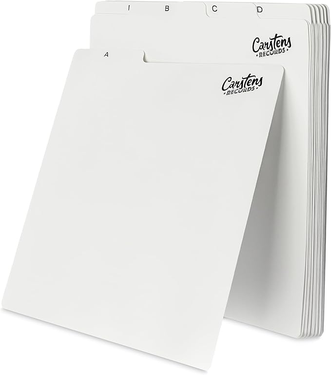 Carstens Records Heavy Duty Vinyl Album Dividers A-Z | 12" Organizers with Tabs | Pack of 26 White | Made in The USA | for Top Browsing