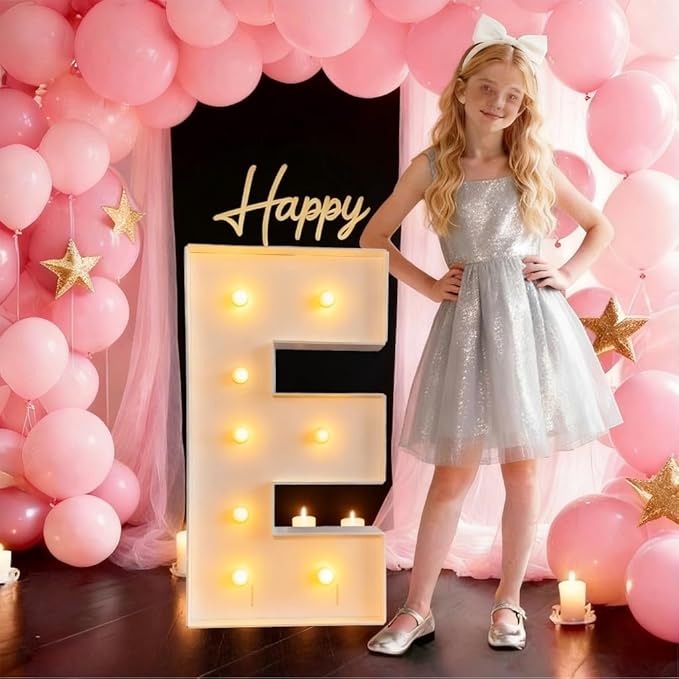 3FT/36 Inch Marquee Light up letters with Warm Lights,White Marquee letter A-Z for Birthday Party Large Mosaic Frame Letter Cardboard Pre-Cut Foam Board Sign Diy Decorations Anniversary (E)