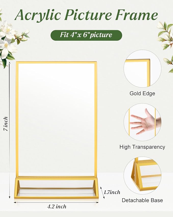 12 Pack Gold Acrylic Sign Holders 4x6, Double Sided Vertical Stand Clear Picture Frame Stands, Menu Flyer Holder for Wedding Table Numbers, Restaurant Signs, Party and Office Photos