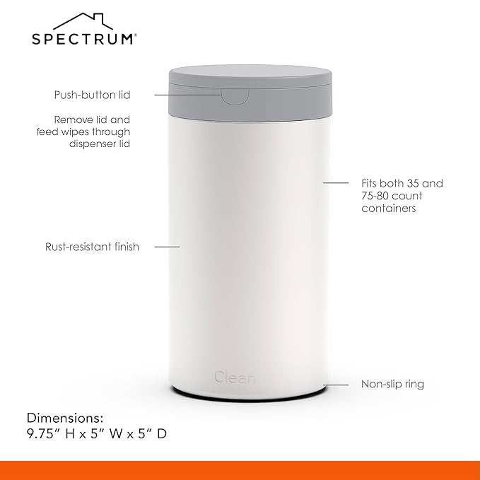 Spectrum Disinfecting Wipes Container White Refillable Stainless Steel Wipe Holder for Bathroom Kitchen School Classroom, Reuseable Push Button Wet Wipe Dispenser for Disinfect Cleaning Countertop