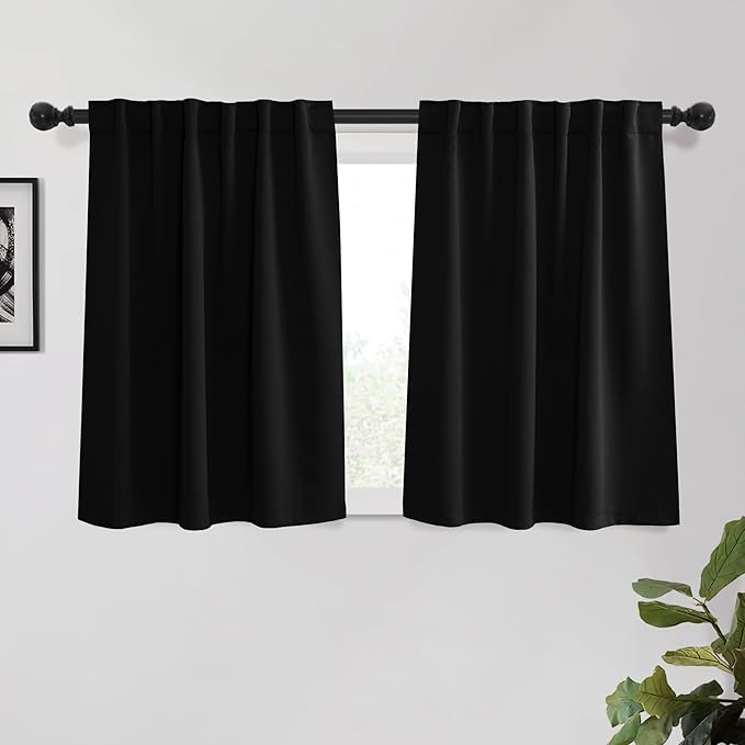 KGORGE Short Blackout Curtains 45 inch Length, Privacy Thermal Insulated Curtains Light Blocking Noise Reducing Window Drapes for Living Room Kitchen, W52 x L45 inches, Black, 2 Panels