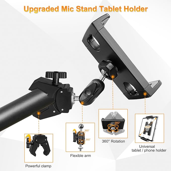 Tablet Holder for Mic Stand/Stroller/Treadmill/Wheelchair/Spin Bike/Peloton/Indoor Cycle, 360° Swivel iPad Mic Stand Mount Adjustable iPad Clamp Mount for All 4.7 to 12.9 inch Tablets Smartphones