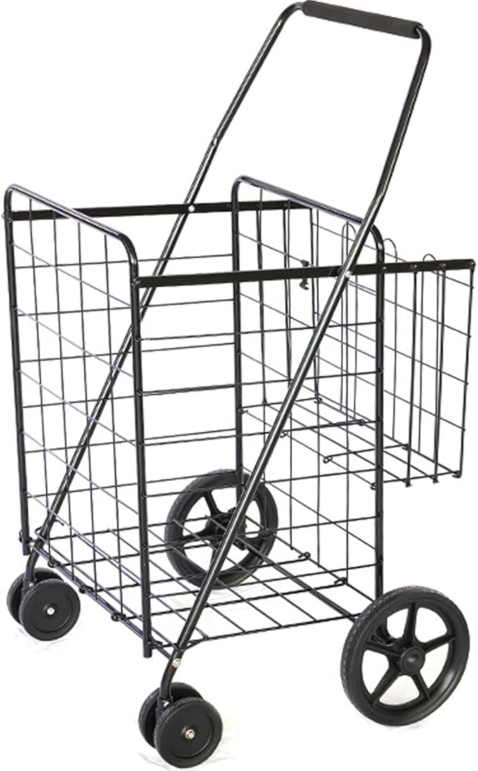 Folding Shopping Cart, Jumbo Grocery Cart with Double Baskets, 360° Swivel Wheels, Heavy Duty Utility Cart, 132 LBS Large Capacity Utility Cart for Groceries Laundry Book Luggage, Black
