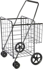 Folding Shopping Cart, Jumbo Grocery Cart with Double Baskets, 360° Swivel Wheels, Heavy Duty Utility Cart, 132 LBS Large Capacity Utility Cart for Groceries Laundry Book Luggage, Black