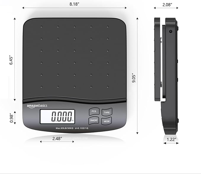 Amazon Basics Digital Postal Scale, AC Adapter, 65 lb Capacity, 0.1 oz Readability, Black