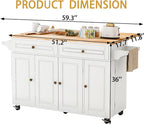 59’’ Rolling Kitchen Island Cart with Drop Leaf and Power Outlet, Movable Kitchen Islands with 3-Tier Door Storage Shelf, Island Table on Wheels, 2 Large Drawers, Towel Racks, White