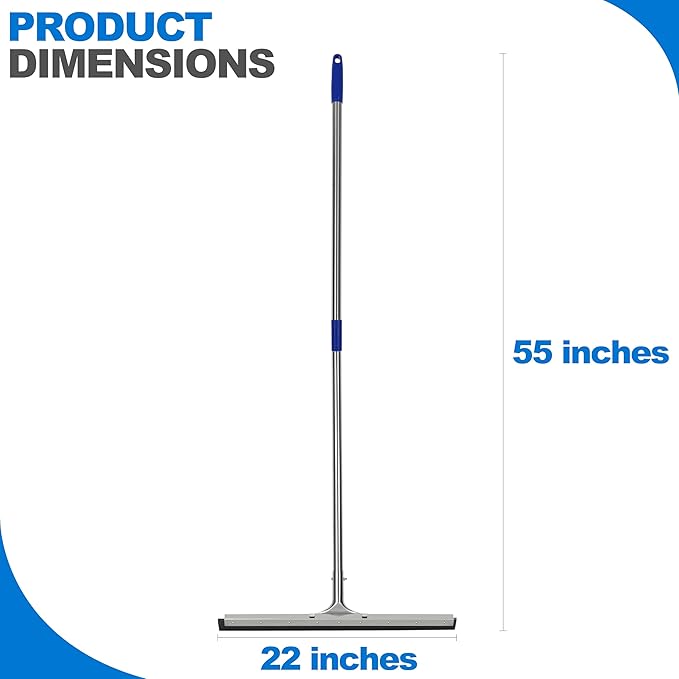 Floor Squeegee Scrubber 55inch Long Stainless Steel Handle with 22inch Wide Silicon Rubber Blade - Perfect Squeegee Broom for Floor Washing and Drying Shower Glass, Marble, Wood Surfaces