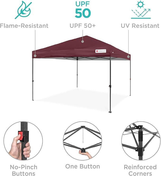 Best Choice Products 10x10ft 1-Person Setup Pop Up Canopy Tent Instant Portable Shelter w/ 1-Button Push, Case, 4 Weight Bags - Burgundy