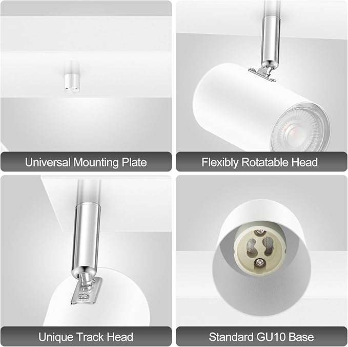 Plug in Track Lighting, 3 Light Ceiling Lighting Kit, White 3 Way Modern Wall Spotlight, 15 FT Cord,Flexibly Rotatable Complete Light Kits for Kitchen Cabinet Gallery Bar Living Room（No Bulb）