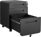 3 Drawer Mobile File Cabinet with Lock, Under Desk Metal Filing Cabinet for Home Office, Assembled Removable Under Desk Storage with Wheels for A4-Size/Letter-Size/Legal-Size (Black)