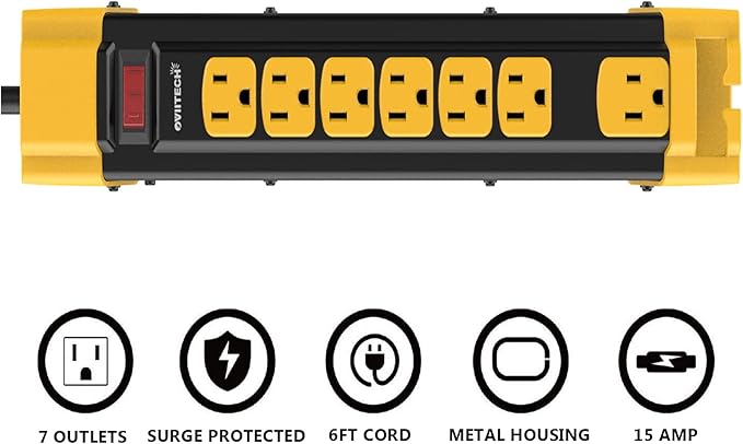Oviitech Heavy Duty Power Strip Surge Protector with 15A, 7 Outlets Metal Multiple 900 Joules Industrial Shop Workshop 6FT Extension Cord, Yellow&Black