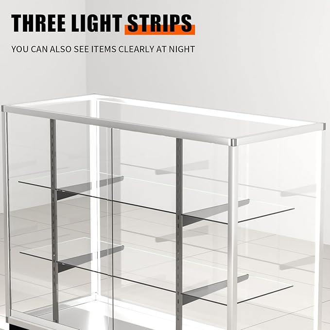 48”D * 20”W * 38”H - Freestanding Retail LED Full Vision Glass Display Case, Black Aluminum Frame, Two Adjustable Height Tempered Glass Shelves