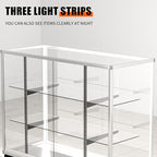 70”D * 20”W * 38”H, Freestanding LED Retail Full Vision Glass Display Case, Silvery Aluminum Frame, Two Adjustable Height Tempered Glass Shelves
