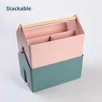 BLUE GINKGO Medium Storage Basket – Plastic Caddy with Wooden Handle for Office, Arts & Crafts, or Home Supplies (Pink)