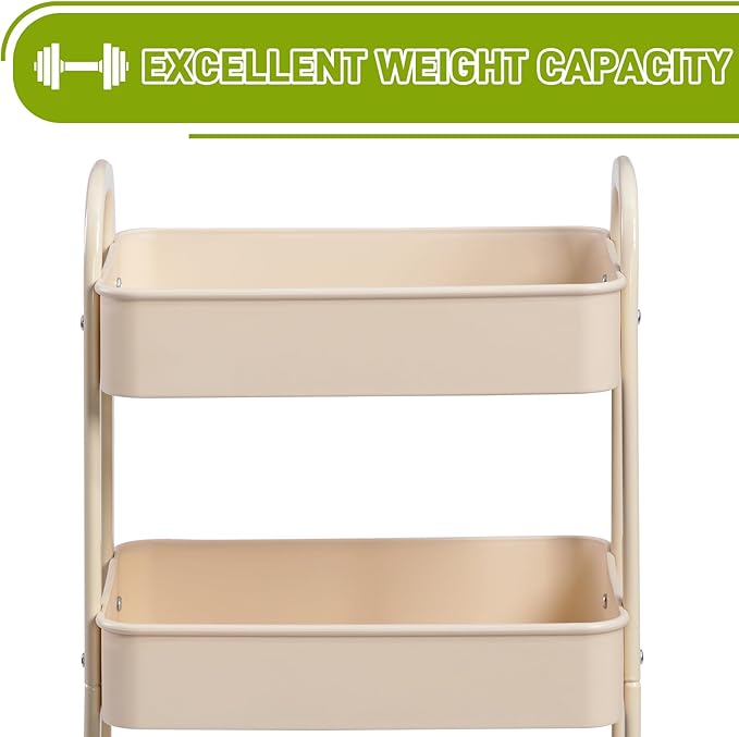 AGTEK 3-Tier Rolling Carts with Wheels, Rolling Utility Cart with Iron Frame for Kitchen, Plastic Shelves, Living Room, Office, Beige