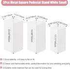 HAISIWLKJ 3PCS Square Pedestal Stands for Parties, White Metal Square Plinths Dessert Table Cube Display Pillars for Birthday Wedding Bridal Baby Shower Party Decorations(Small)