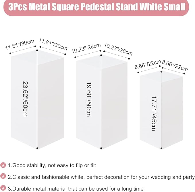 HAISIWLKJ 3PCS Square Pedestal Stands for Parties, White Metal Square Plinths Dessert Table Cube Display Pillars for Birthday Wedding Bridal Baby Shower Party Decorations(Small)