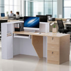 L-Shaped Modern Reception Desk with Counter & Storage - 71" Large Office Front Desk, Salon Checkout Counter with Lockable Cabinets, Shelves (Oak & White, Right - 71''L x 34''W x 41''H)